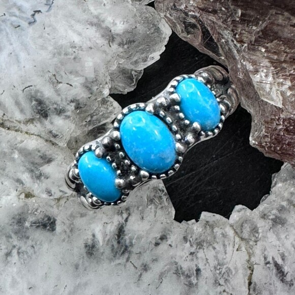 Carolyn Pollack Sterling Silver 3 Oval Turquoise Decorated Ring For Women - Picture 1 of 13